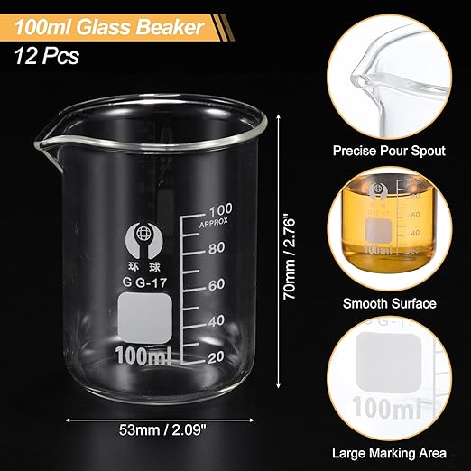 PATIKIL 100ml Low Form Glass Beaker, 12 Pack 3.3 Borosilicate Glass Graduated Printed Scale Measuring Cups with Spout for Kitchen Lab Liquids