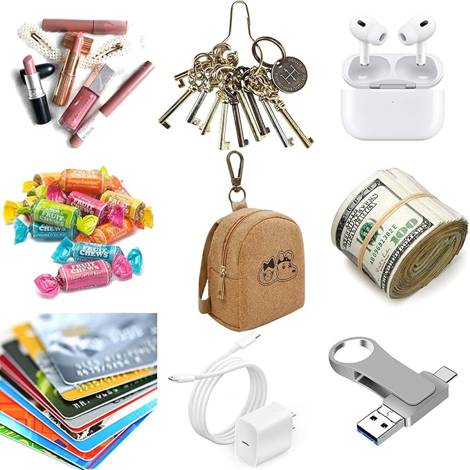 4Pcs Mini Backpack Keychain,Cute Cosmetic Bag for Women,PU Leather Makeup Bag Key Pocket Lipstick Bag Card Holder Data Cable Organizer Zipper Pouch (Brown Kraft Paper)
