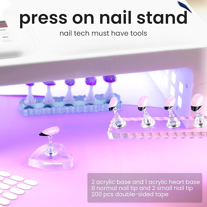 Nail Stand For Press On Acrylic Strong Magnetic Nail Holder Kit For Painting Nails Tip Arts Display With 200PCS Double-Sided Tape And 1 Heart Shaped Acrylic Magnetic Presson Stands Nail Art Supplies