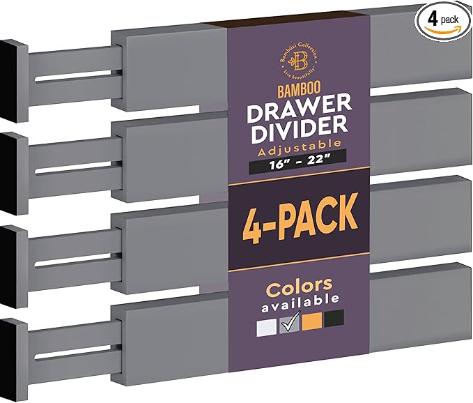 Bambüsi 4 Pack Drawer Dividers - 2.6" High, 16-22" Adjustable Bamboo Drawer Organizers for Clothes, Expandable Dresser Separators in Bedroom/Bathroom/Kitchen/Office Organization and Storage (Grey)