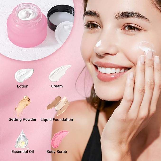 Segbeauty 1oz Frosted Glass Jar with Lid, Small Glass Containers for Lotion Cream Foundation, Refillable Travel Bottles for Toiletries 4pcs 30ml, Pink Empty Travel Size Containers with Spatulas