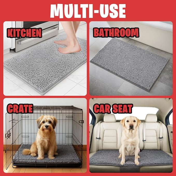 MudGuard Mat™ Dog Door Mat for Muddy Paws, Super Absorbent Microfiber, Non-Slip Indoor Mat, Quick Dry Chenille Mud Mat for Dogs & Entryway, Washable, Grey 19" x 30"