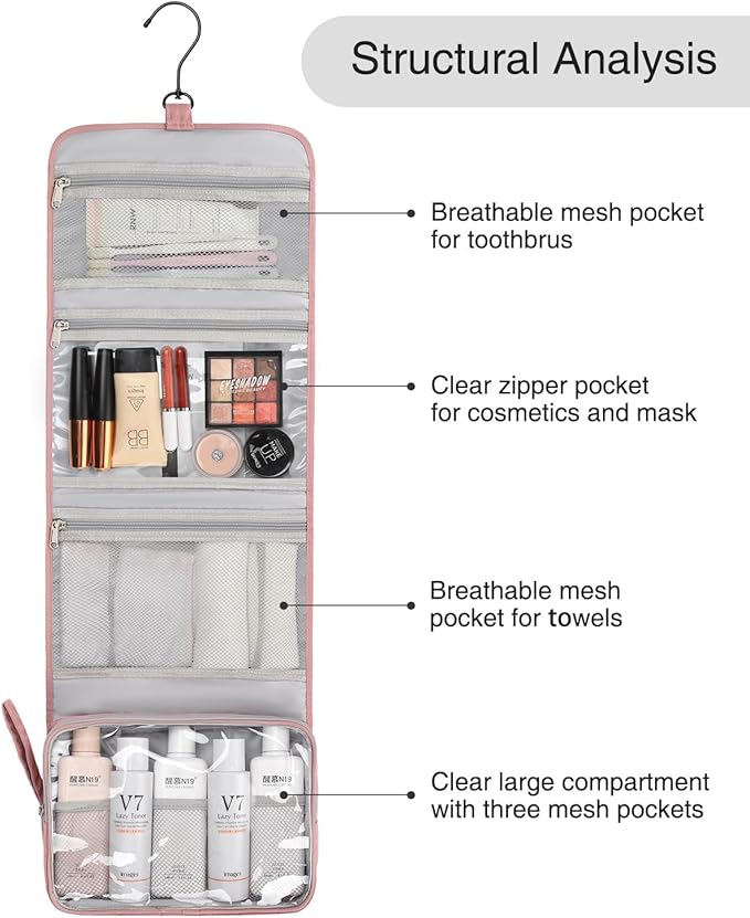 Relavel Travel Hanging Toiletry Bag, Travel Kit Shaving Bagfor Men Women, Waterproof Makeup Bag, Large Wash Bag Makeup Organizer, Toiletries Case for Bathroom Nude Pink