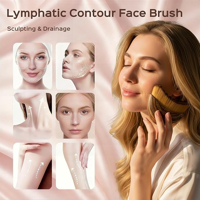 1PCS Lymphatic Contour Face Brush, Soft Facial Drainage Massager Tool for Face & Neck Lifting, Jawline Chin Sculpting, De-Puff Dry Brushing, Gua Sha Brush, Curved Ergonomic Design(Brown, 1-Pack)