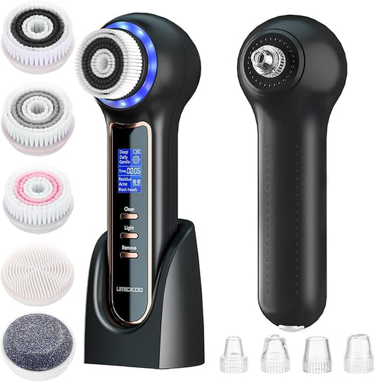 UMICKOO Electric Facial Cleansing Brush with LCD Screen, 3-in-1 Face Scrubber & Optional Blackhead Remover, Rechargeable, IPX7 Waterproof, Gentle Daily & Deep Cleaning for All Skin Types