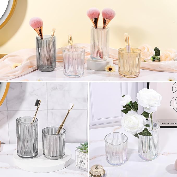DASITON Makeup Brush Holder Organizer, Crystal Glass Makeup Brushes Storage Holder, Vintage Make Up Brush Cup for Vanity, Pen Pencil Holder for Desk, Toothbrush Holders for Bathroom (Coffee S)