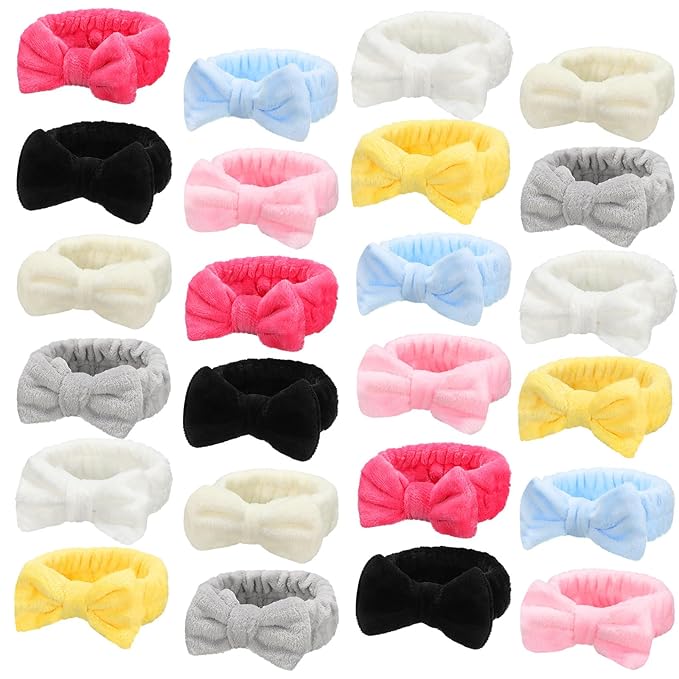Jexine 24 Pcs Facial Spa Headband Makeup Headbands Bulk Bow Hair Head Band Fluffy Plush Spa Headband for Women Washing Face Shower Cleansing(multicolor,Sweet Style)