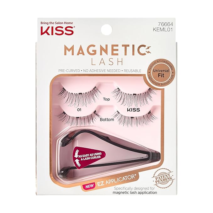 KISS Magnetic Lash 01, Synthetic False Eyelashes with Magnets Under and Over Your Upper Lashes, No Glue Needed, Lightweight, Reusable, Contact Lens Friendly, Cruelty Free, with Lash Applicator, 1 Pair
