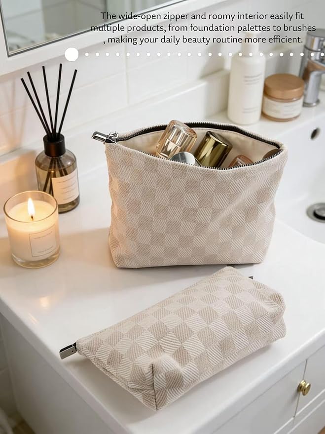 2-Pack Beige Checkered Makeup Bag Set - Large Capacity Cosmetic Organizer Pouch | Travel Toiletry Bag for Women Girls