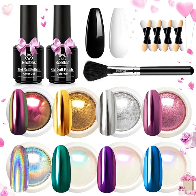 Beetles Metallic Chrome Nail Powder Kit Black White Colors Gel Polish Mirror Effect Holographic Metallic Nail Polish Chrome Manicure Art Decoration Glitter Nail Powder for Women