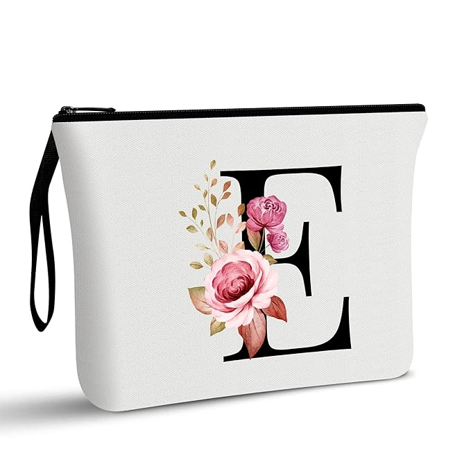 Vavabox A-Z Personalized Makeup Bag, Birthday Gifts for Women Mom, Gifts for Best Friend, Bride Bridesmaid Cosmetic bag (E, White)