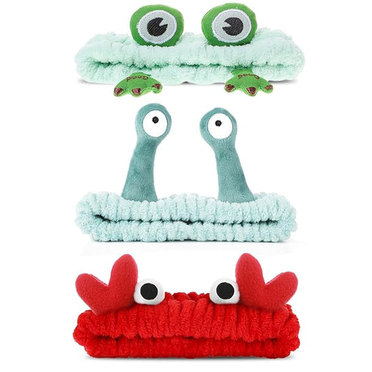 3 Pack Spa Headband Face Wash Hairband Facial Makeup Head Wraps Cartoon Elastic Head Band Cute Frog Snail Crab Shower Headband Creative Hair Accessories for Beauty Skincare Sports