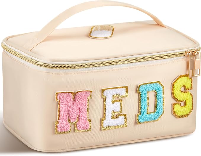 Geetery Clear Makeup Bag Chenille Letter Meds Bag Travel Cases Preppy Patch with Zipper, Portable Cosmetic Toiletry Storage case for Women(Meds,Beige)