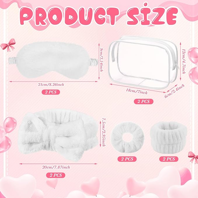 Hoteam 10 Pcs Galentine Spa Party Supplies Valentine Gift Set Sleepover Party Favor Spa Headband Wristband Sleep Eye Mask Velvet Scrunchies for Skin Care Makeup Slumber Night Favor(White)