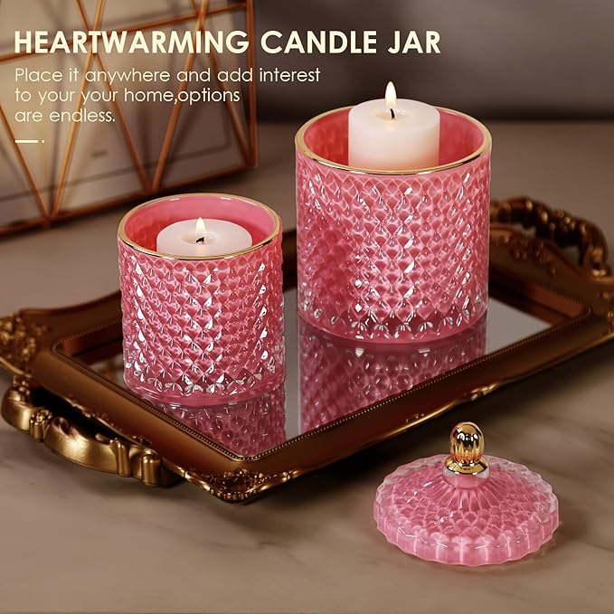 2 Pack Glass Qtip Holder Apothecary Jars Bathroom Jars with Lids for Room Decor, Pink Bathroom Accessories Storage Organizer, Cotton Ball Pad Round Swab Holder sets Pink Decor, 20oz+10oz