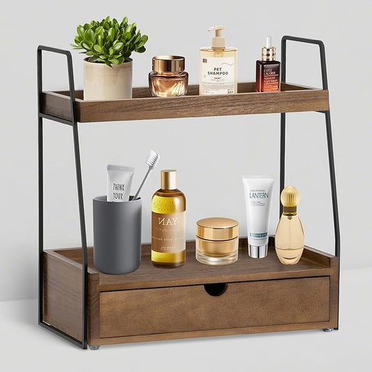 2-Tier Bathroom Organizer Countertop with Drawer, Wood Counter Organizer for Bathroom Decor, Sink Shelf for Vanity Storage, Makeup Tray for Perfume Skincare Bedroom Kitchen Corner