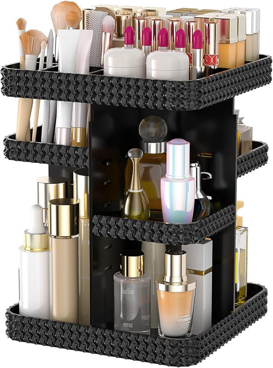 Rotating Makeup Organizer with Makeup Brush Holder, Large Capacity Perfume Organizer for Vanity Countertop, Acrylic Skincare Organizers Spinning Holder Storage Rack (Black)