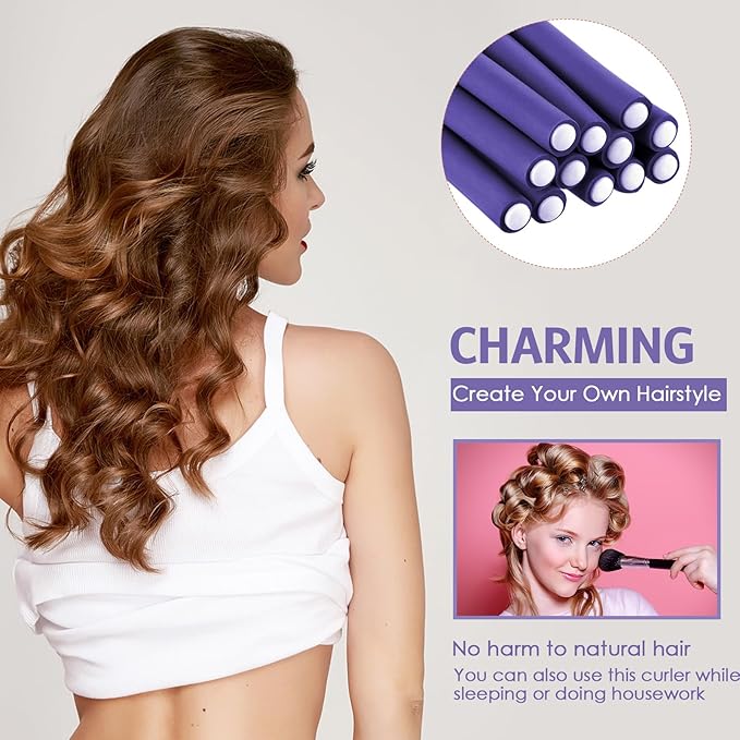 Syhood 30 Pieces Flexible Curling Rods Twist Hair Rollers Soft Foam Rods No Heat and 1 Pcs Steel Rat Tail Comb for Women Long and Short Hair (7 x 0.8 Inch,Purple)