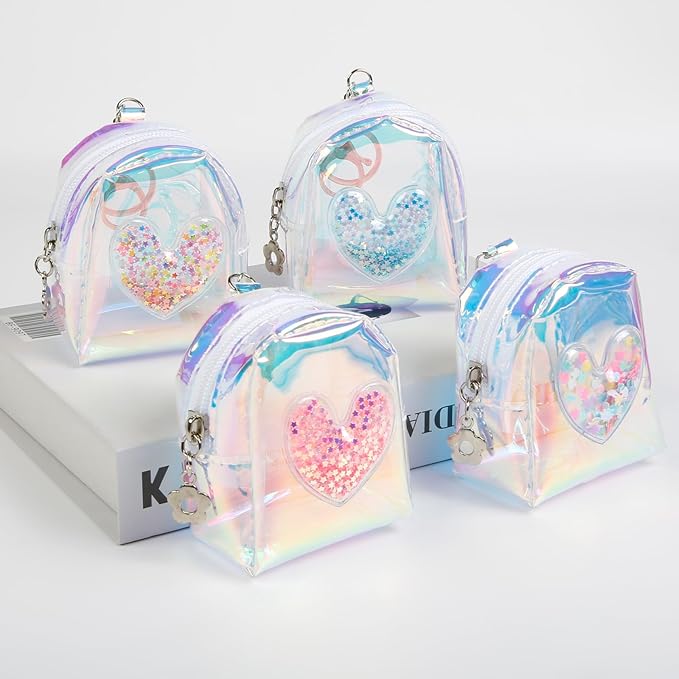 4Pcs Mini Backpack Keychain,Cute Cosmetic Bag for Women,TPU Clear Makeup Bag Key Pocket Lipstick Bag Card Holder Data Cable Organizer Zipper Pouch (Heart Shape)