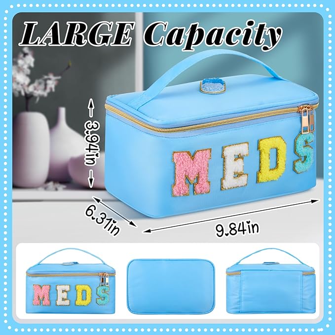Geetery Clear Makeup Bag Chenille Letter Meds Bag Travel Cases Preppy Patch with Zipper, Portable Cosmetic Toiletry Storage case for Women(Meds,Blue)