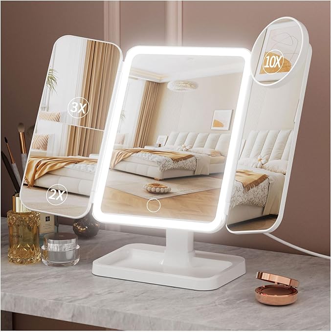 Lighted Makeup Mirror with 75 LEDs, Rechargeable Vanity Mirror with 1X/2X/3X/10X Magnification, 3 Color Modes & Touch Dimming, Portable Folding Mirror for Travel Desk, Gifts for Women & Girls