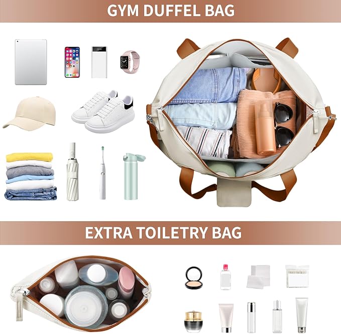 ETRONIK Gym Bag for Women, 45L Carry On Travel Duffel Bag with Shoes Compartment, Weekender Overnight Bag with Wet Pocket & USB Charging Port for Women, Travel, Gym, Weekend, Large Size (Beige)