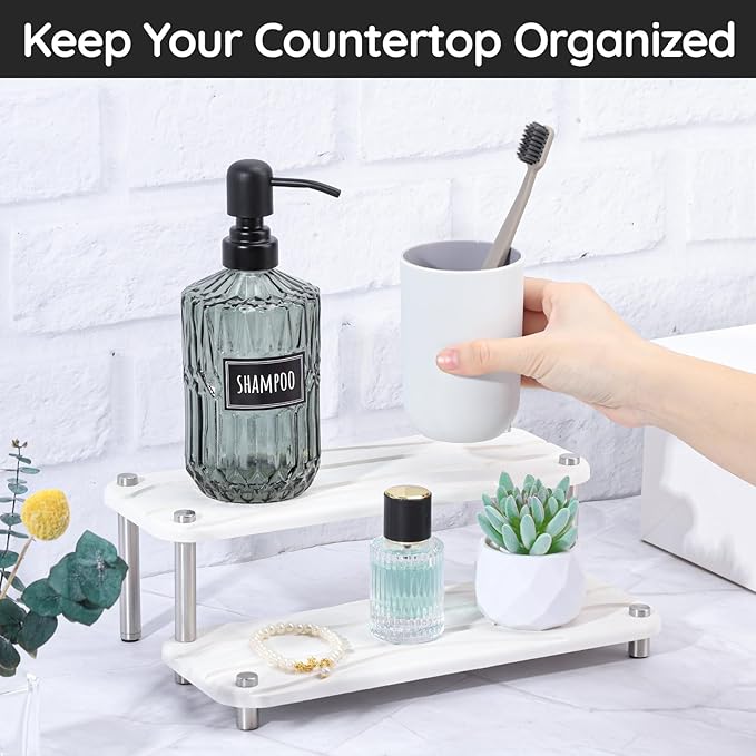 Segbeauty 2 Tier Fast Dry Diatomaceous Vanity Tray, 11x4.3in Water Absorbing Stone Drying Tray, Quick Drying Bathroom Counter Dish Soap Dispenser Rack, Kitchen Counter Sink Organizer Sponge Holder