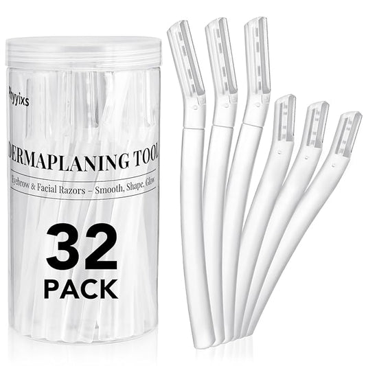 32-Pack Face Razors for Women – Dermaplane & Eyebrow Razor Set, 24 Long + 8 Short Precision Blades for Peach Fuzz Removal, Gentle Exfoliation, Ideal for Stocking Stuffers (Clear)
