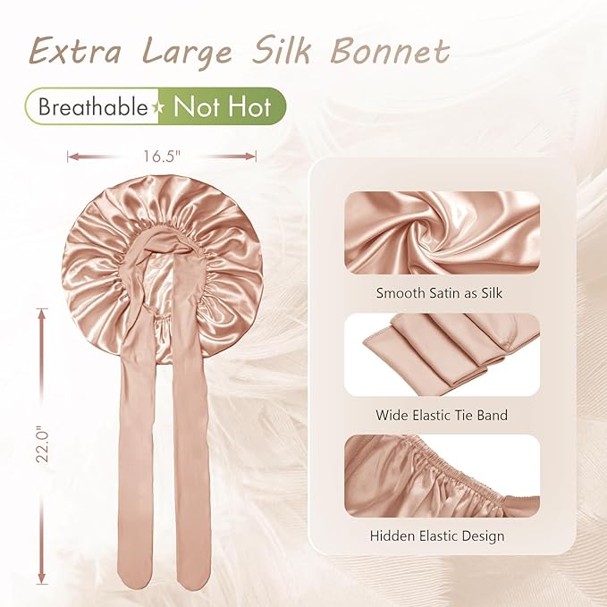 BONNET QUEEN Silk Bonnet for Sleeping Women, Satin Bonnet Night Sleep Cap Wrap for Curly Hair with Tie Band, Large, Champagne