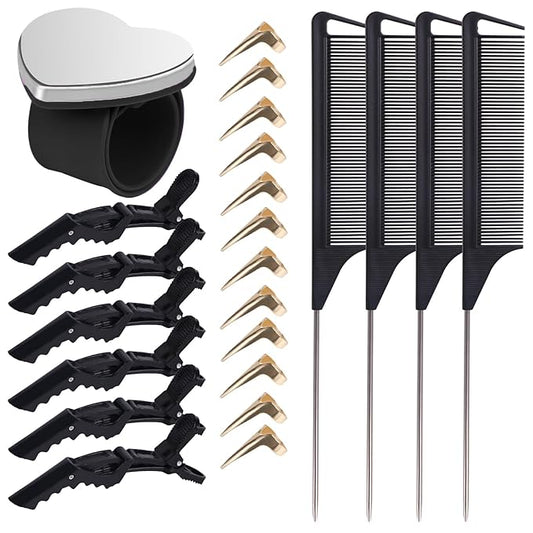 23 Pieces Hair Parting Tools Set, Magnetic Wrist Pin Holder for Braiding, Sectioning Clips, Rat Tail Combs, Hair Parting Rings