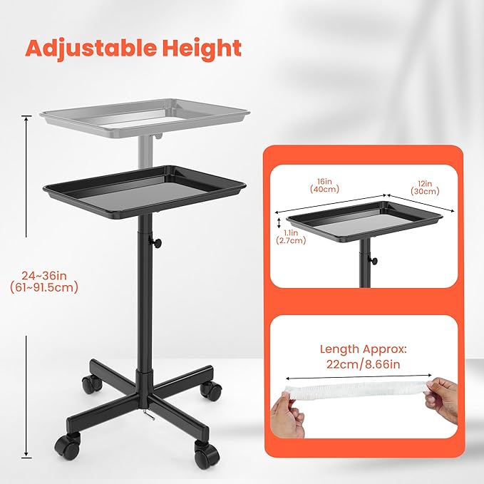 TASALON Rolling Salon Cart, Mobile Styling Station with Wheels Aluminum Rolling Tray Trolley for Salon Essentials, Adjustable Height or Hairstylist Tray with 10 PCS Disposable Salon Tray Cover