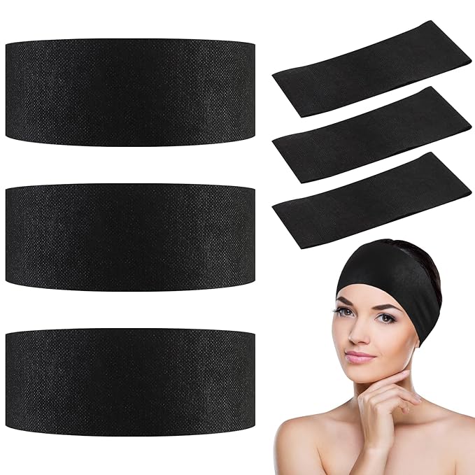 128 Pieces Disposable Spa Facial Headbands Stretch Non Woven Facial Headbands Soft Skin Care Hair Band with Convent Closure for Women Girls Salons Esthetician Supplies, Black Large