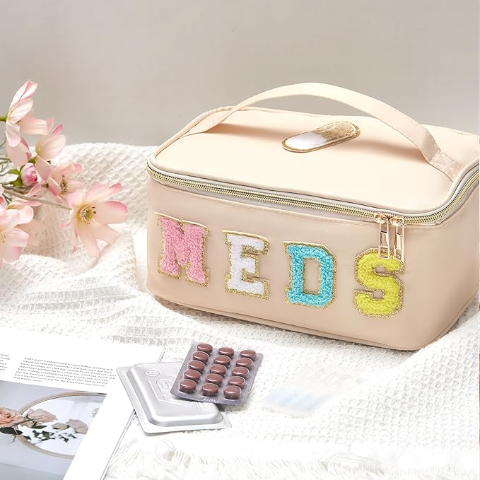 Geetery Clear Makeup Bag Chenille Letter Meds Bag Travel Cases Preppy Patch with Zipper, Portable Cosmetic Toiletry Storage case for Women(Meds,Beige)