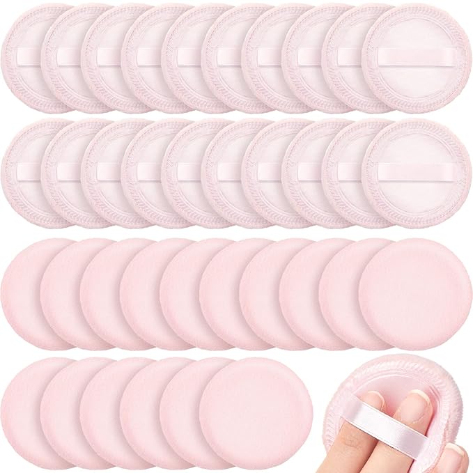 40 Pcs Cotton Powder Puffs Bulk Washable, 2.36 Inch Round Makeup Dusting Puff with Ribbon for Loose and Pressed Powder Face Body Cosmetic, Pink