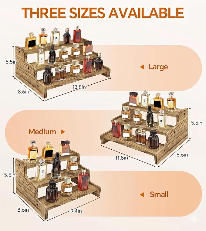 Wooden Cologne Organizer for Men, Perfume Organizer Stand, Cologne Stand with Anti-Slip Washers, Wooden Display Risers Stand for Dessert, Cupcake, Charcoal-Grilled, 3-tier-9.4in