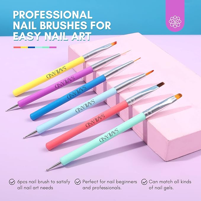 SAVILAND 6PCS Nail Art Brushes Set – Multifunctional Nail Brushes for Nail Art Nail Design Brush Gel Nail Brush for Nail Extension Nail Art Liner Brush 3 Sizes Dotting Tools for DIY