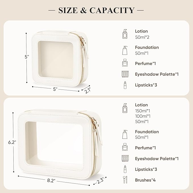 Clear Makeup Bag, Travel Toiletry Bag Cosmetic Case for Women, Waterproof Portable Small Make Up Skincare Pouch with Zipper, Compact Car Organizer Bag for Essentials, Mini Size, Ivory White