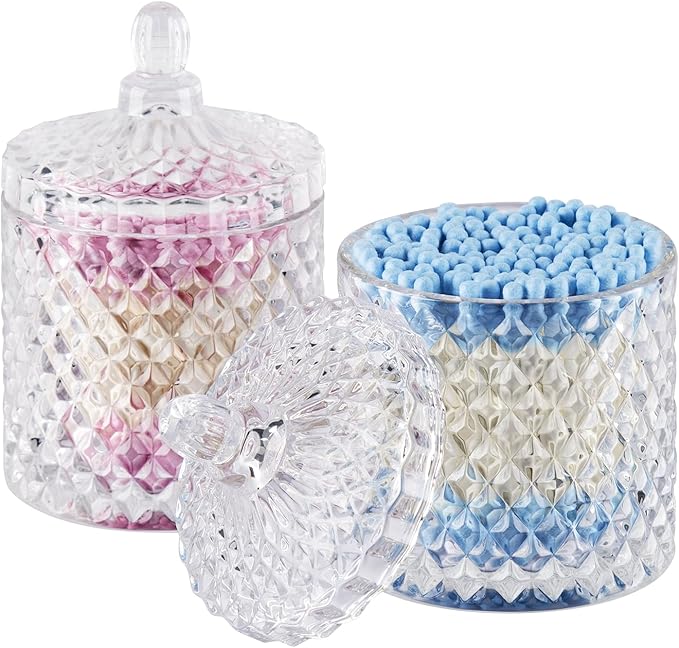 2 Pack Qtip Holder Cotton Round Ball Holder Set, Apothecary Jars Glass Bathroom Storage jars with Lids for Bathroom Decor, Qtip Dispenser for Cotton Swab,Cutip