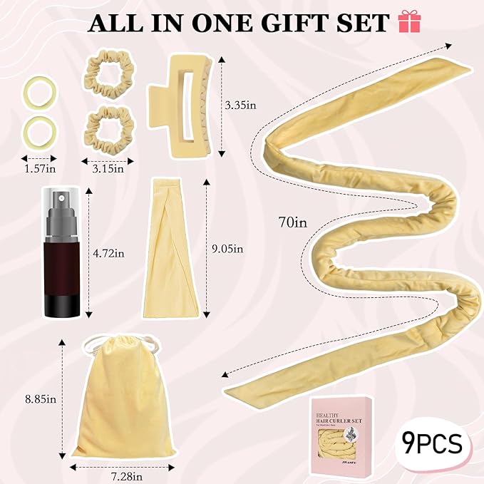 ZILAMPU No Heat Curling Rod Headband for Women and Girls, Velour Overnight Hair Curl Roller Wrap for Long Hair - Light Yellow