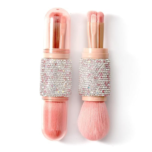 WOKOTO 4 in 1 Pink & White Diamond-Embellished Makeup Brushes - Nail Art Dust Powder Remover Brush, Eye Shadow, Lip & Foundation Brush, Soft Nail Art Dust Cleaner Brush for Acrylic Nails and Makeup