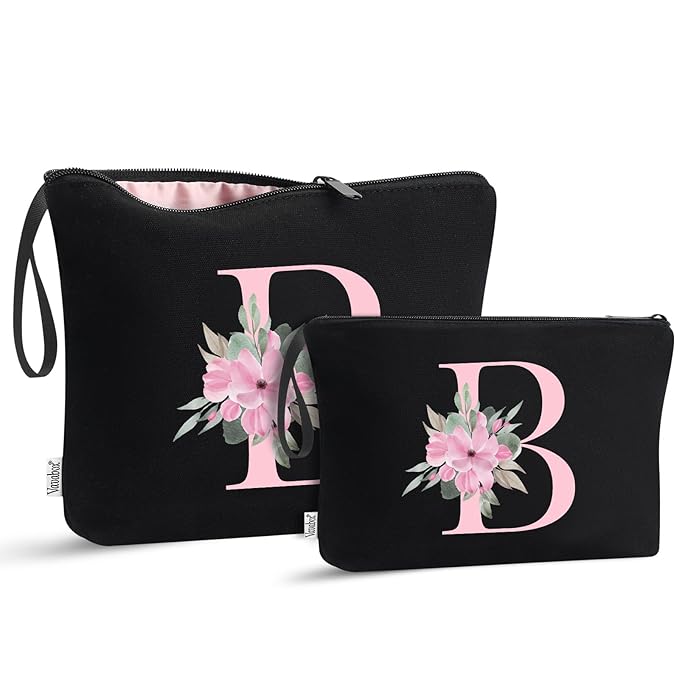 Vavabox A-Z Personalized Makeup Bag, Birthday Gifts for Women Mom, Gifts for Best Friend, Bride Bridesmaid Cosmetic bag (B, 04-Black Set)