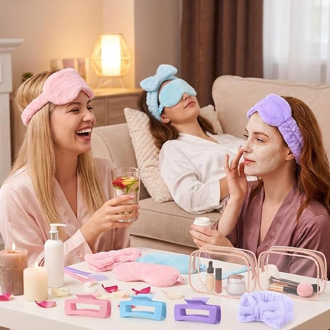 Hoteam 24 Pcs Galentine Spa Party Favors Supplies 6 Spa Headband 6 Plush Sleep Eye Mask 6 Hair Claw Clips 6 Clear Cosmetic Bags for Adult Sleepover Slumber Party Valentine Gift(Pink,Blue,Purple)