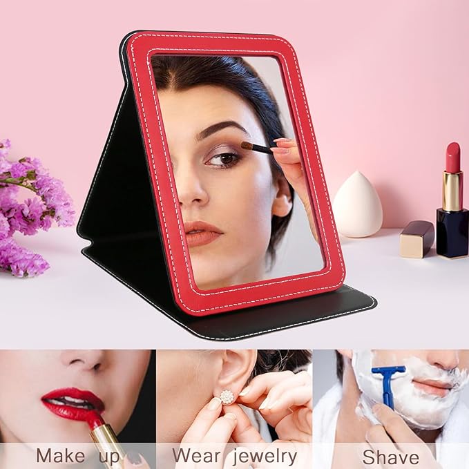 Travel Mirror for Desk, 5.3×6.9” Adjustable Rectangle PU Edge Covering Red Foldable Desk Mirror with Stand for Travel Camping Home (Red)