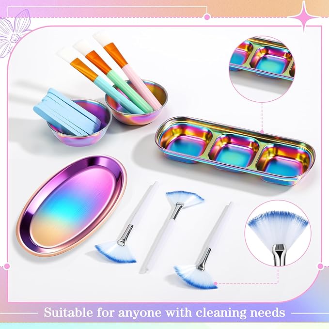 LemonRoad 25 Pcs Esthetician Facial Supplies Set, 3 Stainless Steel Mixing Bowls, 2 Serving Trays, 6 Brushes, 2 Hairbands, 12 Compressed Sponges for Women Facial Mask Spa Home Use(Laser Color)