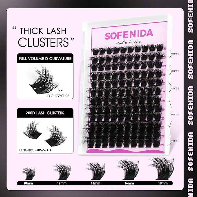 SOFENIDA Lash Clusters Kit Thick 200D Lash Extension Kit 10-18mm Volume Cluster Lashes D Curvature Cluster Eyelash Extensions DIY Lash Extension kit at Home(200D-10-18MIX Thick Kit)