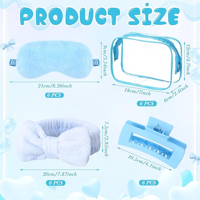 Hoteam 24 Pcs Galentine Spa Party Favors Supplies 6 Spa Headband 6 Plush Sleep Eye Mask 6 Hair Claw Clips 6 Clear Cosmetic Bags for Adult Sleepover Slumber Party Valentine Gift(Blue)
