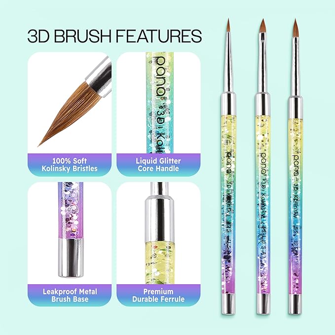 PANA Kolinsky 3D Acrylic Nail Brushes with Liquid Glitter Handle - For Professional Acrylic Powder Liquid Manicure Pedicure (Rainbow Color, Size #5)