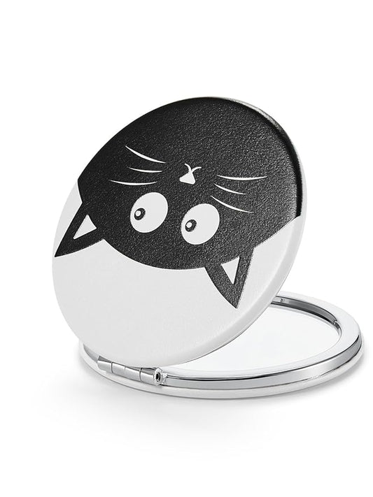 OMIRO 1X/10X Compact Magnifying Mirror, Unique Painting Pocket Mirror with Classical PU Leather (Round, Black Cat)