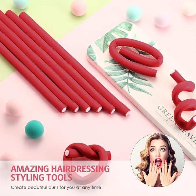 Syhood 30 Pieces Flexible Curling Rods Twist Hair Rollers Soft Foam Rods No Heat and 1 Pcs Steel Rat Tail Comb for Women Long and Short Hair(7 x 0.39 Inch,Red)