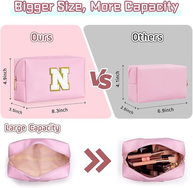 TOPEAST Initial Makeup Bags for Women, Personalized Portable Cosmetic Bag with Zipper, Cute Makeup Pouch, Bridesmaid Gifts for Wedding Day, Girl Trendy Stuff(Pink X)